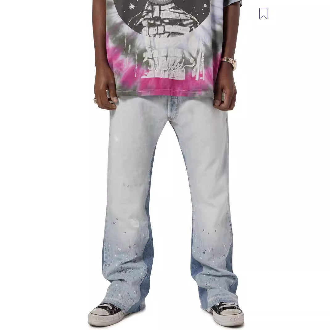 Gallery Depot Versatile Inkjet Drilled Hole Washed Micro Pull Splicing Jeans American Casual Pants