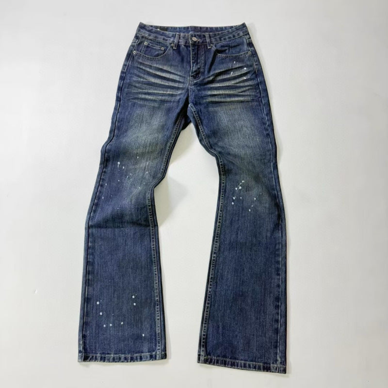 Cleanfit's independent vintage style denim jeans are washed with ink splatter, slim fit, straight leg, and washed with water
