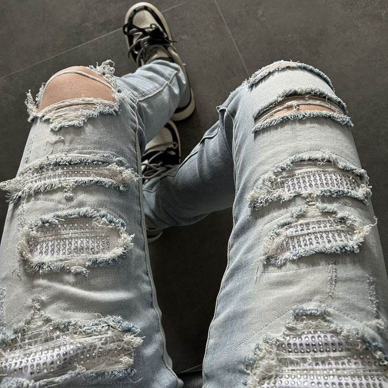 Autonomous AMIRI blue hot stamping perforated jeans long pants high street basic perforated tight elastic jeans