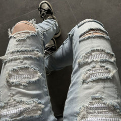 Autonomous AMIRI blue hot stamping perforated jeans long pants high street basic perforated tight elastic jeans