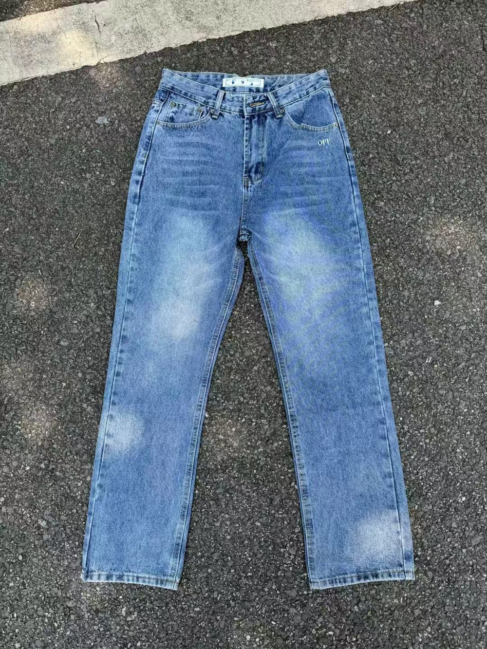 OFF-WHITE2026 New Light Blue Black Printed Couple's Wash Loose Jeans Cross border Europe and America