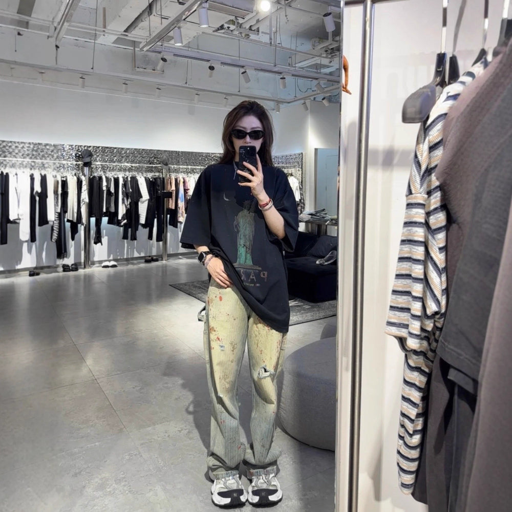 ERD's melancholic wealthy second-generation, heavy water washed, damaged, worn, blood stained, knife cut, dirty, dyed, logging pants, straight leg jeans