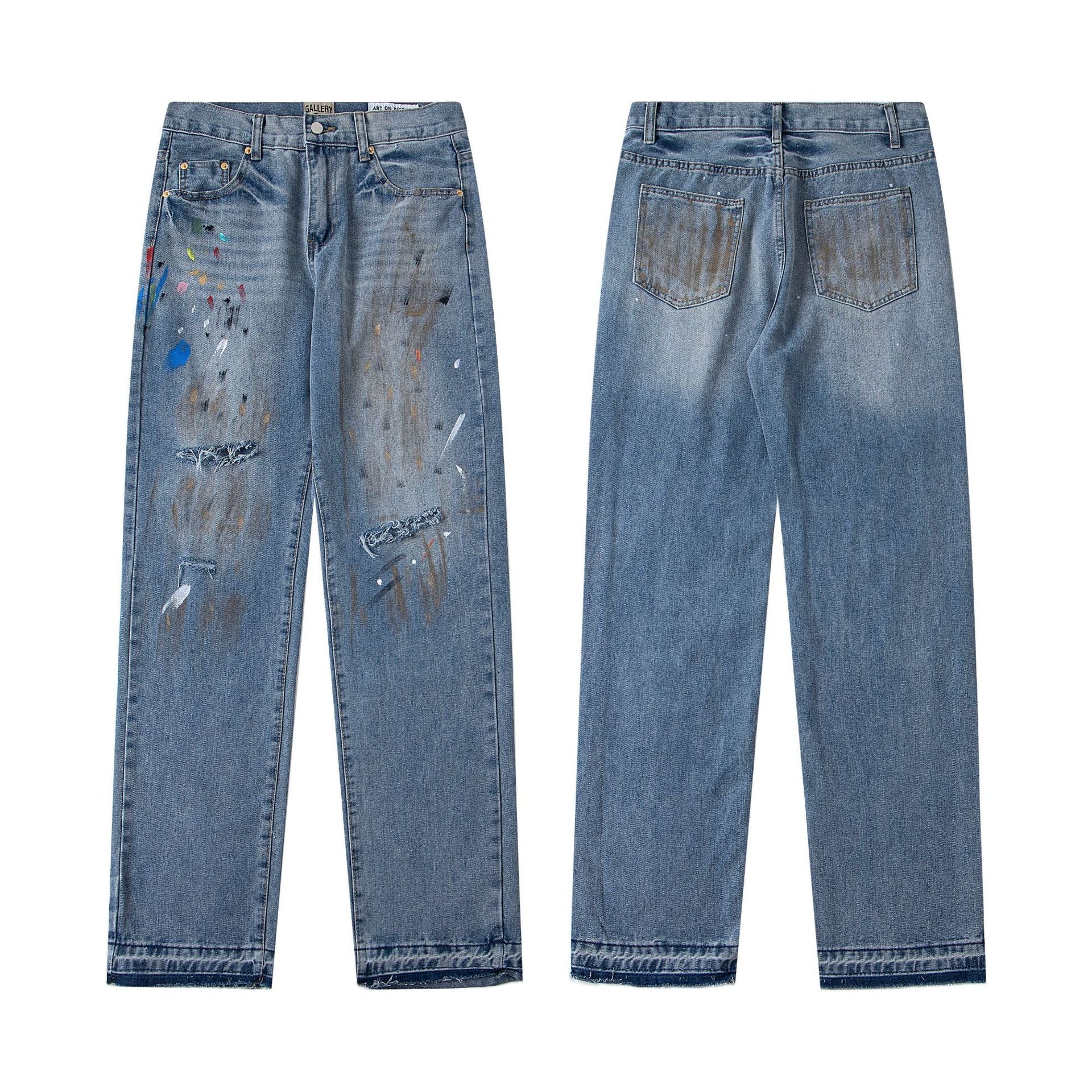 Gallery Dept25 New American High Street Washed, Used, Graffiti Painted, Splashed Ink, Broken Hole Straight leg Jeans