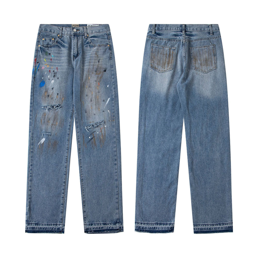 Gallery Dept25 New American High Street Washed, Used, Graffiti Painted, Splashed Ink, Broken Hole Straight leg Jeans